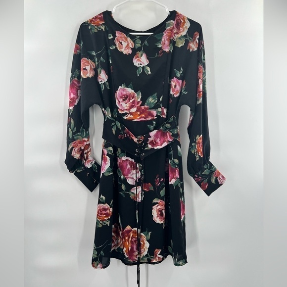 Everly Womens Pink Black Floral Long Sleeve Dress With Lace Up Waist Size S - Picture 1 of 10